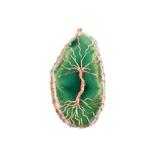 Wire Wrapped Sliced Agate "Green" Tree of Life Pendant
